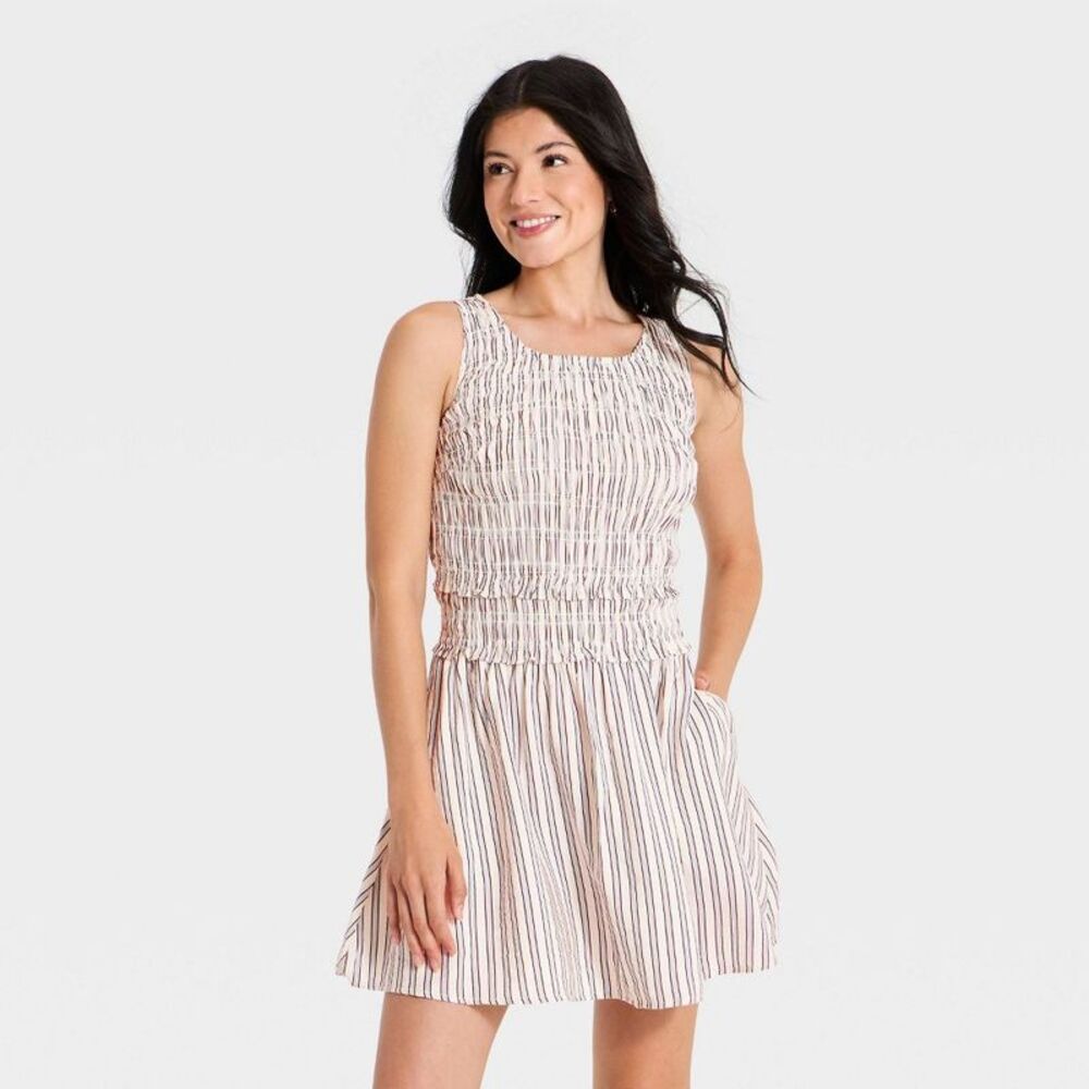 Women's Smocked Mini A-Line Dress - A New Day White Striped XS